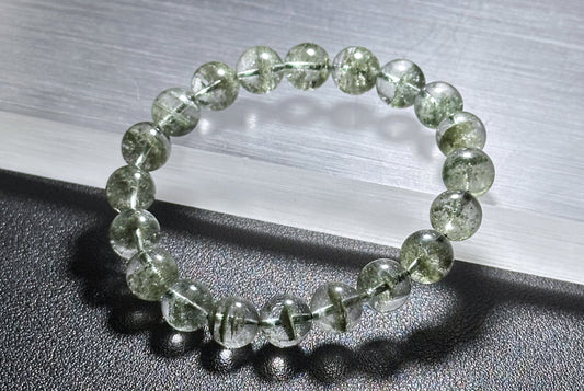 9.5mm, Certified High Grade Natural Undyed Green Phantom Quartz Bracelet, High Clarity Green Phantom Bracelet, 鬼佬财神天然绿幽灵手串