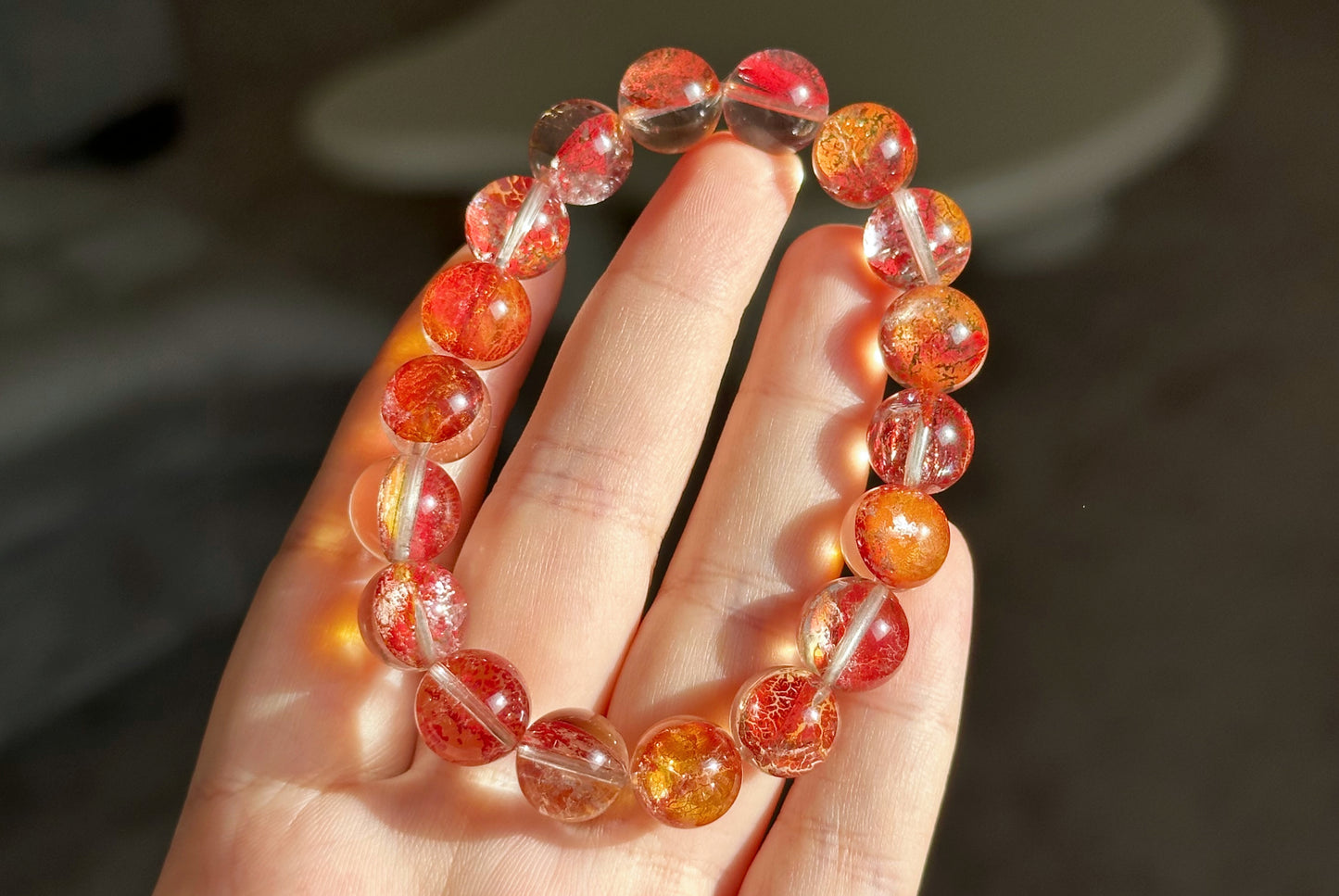 11mm, Certified Natural Collection Grade Rare Koi Hematoid Quartz Crystal Bracelet, Natural Hematoid Crystal Bracelet, 天然稀有稀有麒麟锦鲤胶花水晶手串