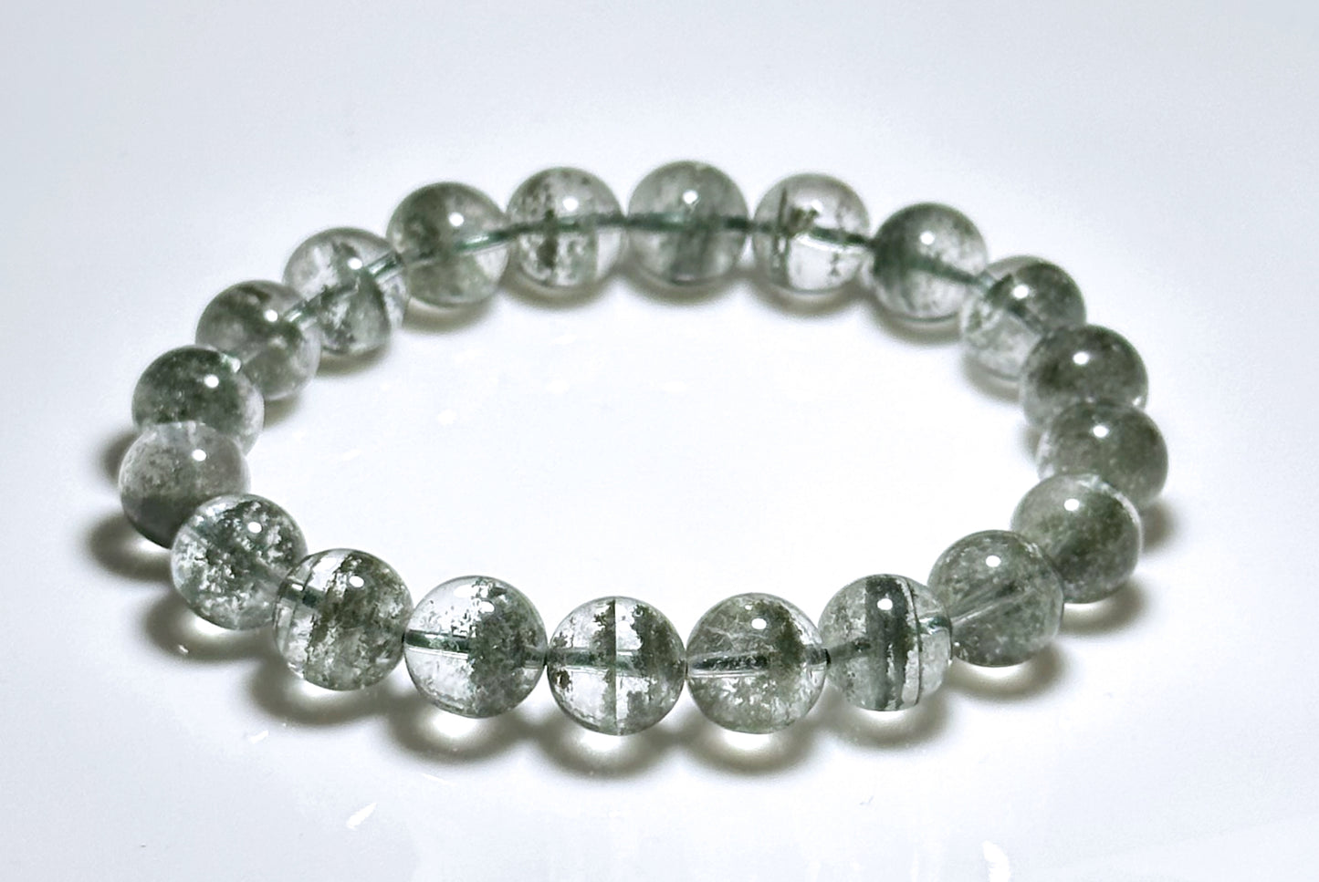 9.5mm, Certified High Grade Natural Undyed Green Phantom Quartz Bracelet, High Clarity Green Phantom Bracelet, 鬼佬财神天然绿幽灵手串