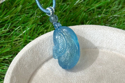 Certified Natural Blue Aquamarine Hand Carved Cabbage (Bok choy) Pendant, Aquamarine Pendant, 天然海蓝宝手工雕刻白菜吊坠