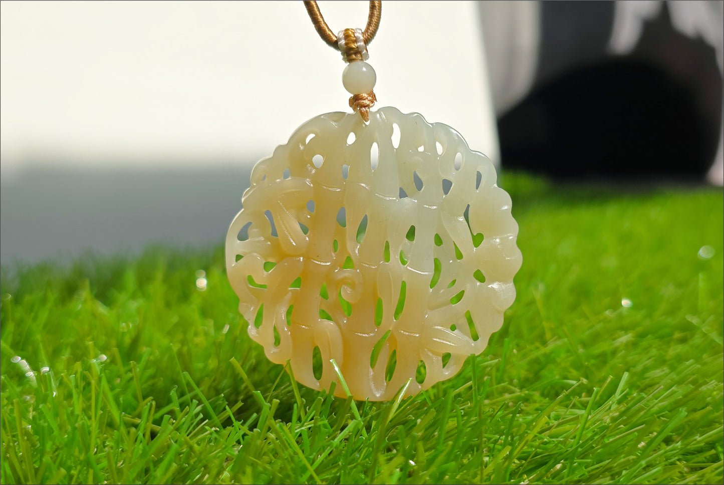 Certified Natural Qiemo Sugar-White Nephrite Jade Carved Bamboo Pendant, 天然且末糖白雕刻竹节圆牌吊坠