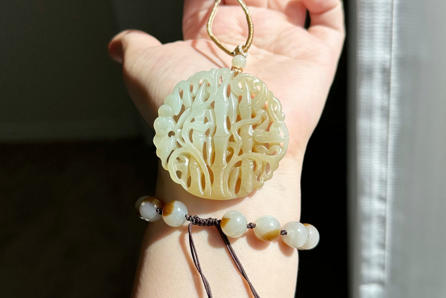 Certified Natural Qiemo Sugar-White Nephrite Jade Carved Bamboo Pendant, 天然且末糖白雕刻竹节圆牌吊坠