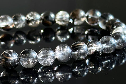 6.5mm+, Certified Rare Natural Top Grade Black Brookite Rutilated quartz Beads Bracelet, Silver Brookite in quartz bracelet, 收藏级黑银钛晶手串