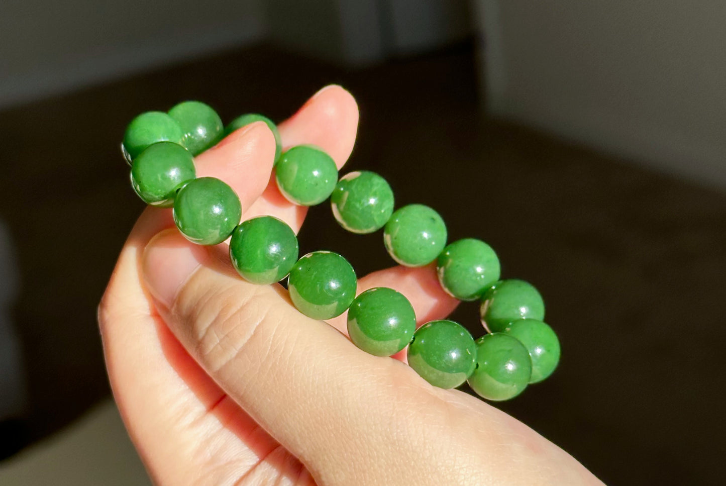 12mm, Certified Natural Untreated Green Nephrite Jade Beads Bracelet, 天然阳绿碧玉手串