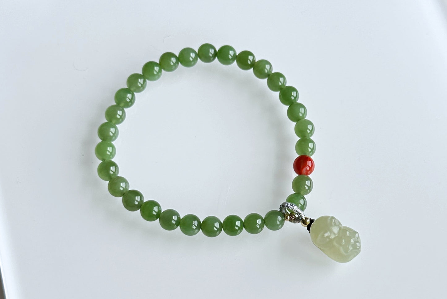 6mm, Natural Siberian Green Nephrite and Qingshui Nephrite jade Charm Beads Bracelet, 天然阳绿碧玉配晴水和田玉小猫手串