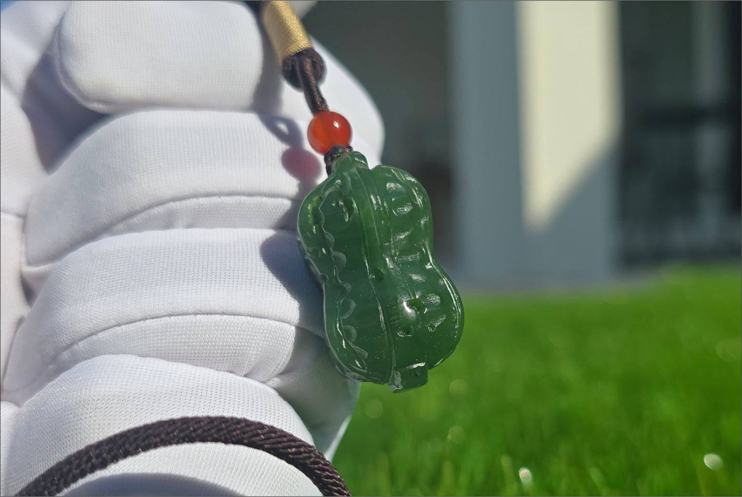 Certified Natural Siberian Spinach Green Nephrite Jade Hand Carved Peanut Pendant, 天然俄料辣菠菜绿碧玉手工雕刻花生吊坠