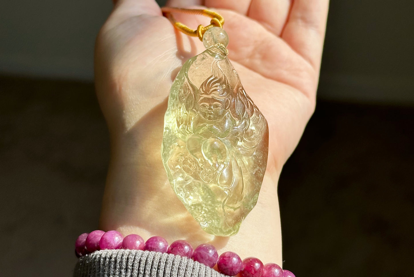 42.736Grams, Natural Authentic Libyan Desert Glass Tektite Hand Carved Butterfly Fairy Pendant, Genuine Libyan Desert glass Pendant, 天然利比亚黄金陨石手雕蝴蝶仙子吊坠
