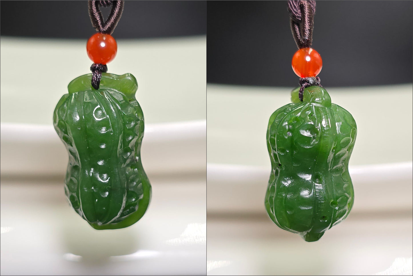 Certified Natural Siberian Spinach Green Nephrite Jade Hand Carved Peanut Pendant, 天然俄料辣菠菜绿碧玉手工雕刻花生吊坠