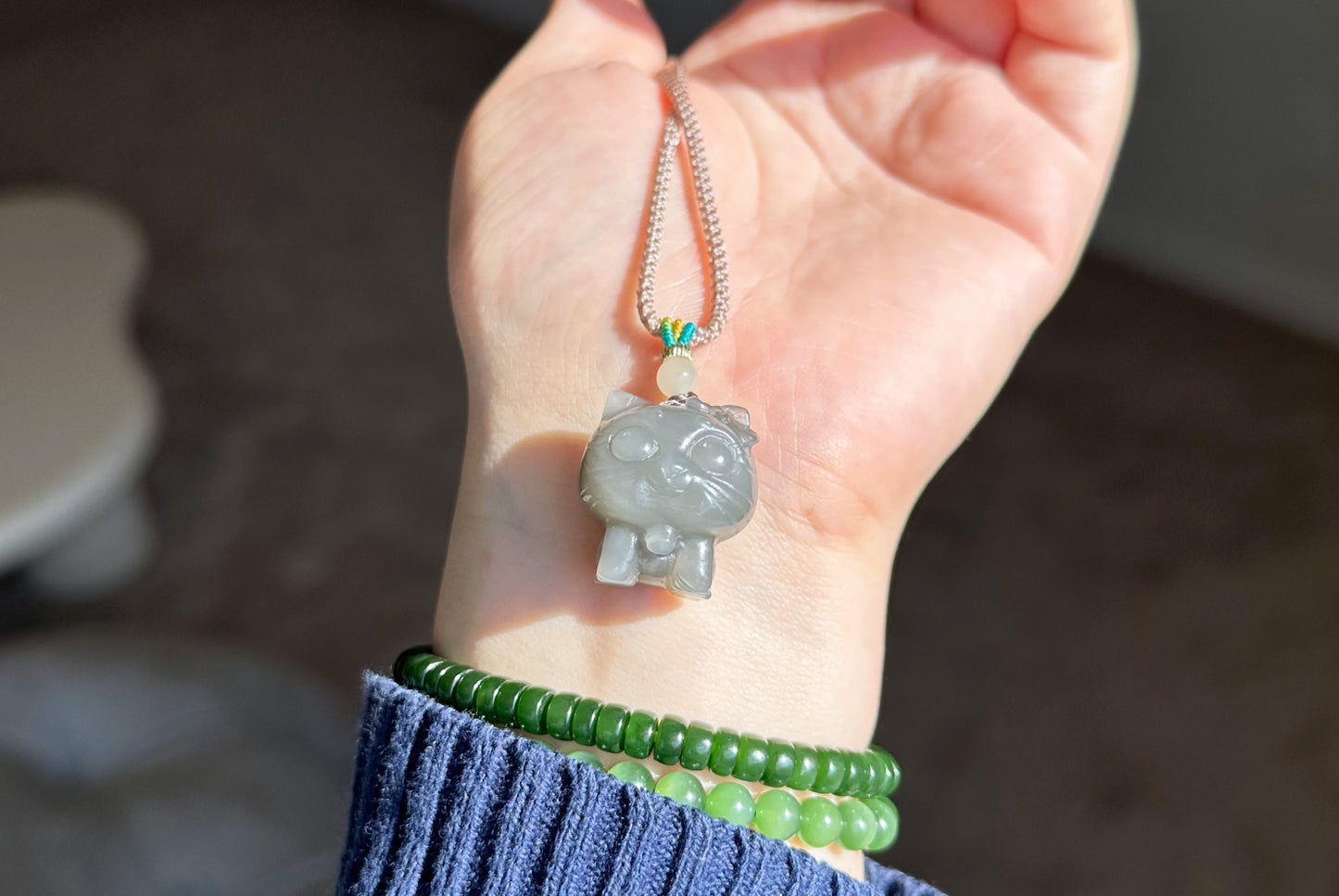 Certified Natural Smoky Purple Nephrite Jade Carved Kitten Pendant, Nephrite Jade Cat Pendant, 天然烟紫和田玉雕刻小猫吊坠