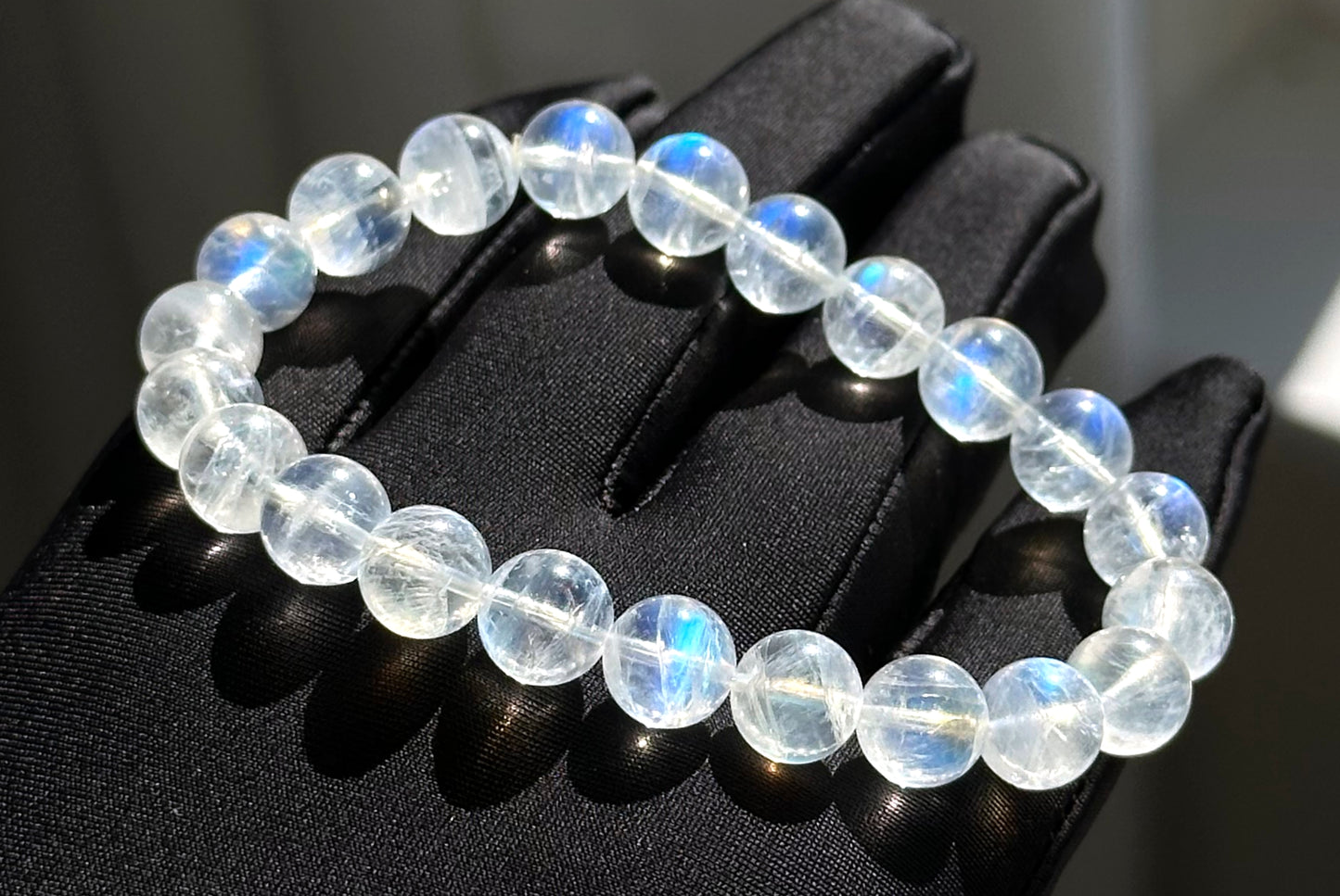 8.6mm, Certified Natural Rainbow Moonstone Bracelet, India Blue Moonstones Bracelet, Rainbow Moonstone Bracelet, 天然正经印度无酸洗蓝月光石手串