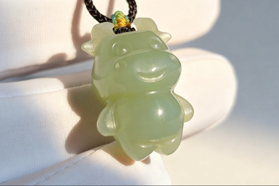 Certified Natural Lake-Green Nephrite Jade Ox Pendant | Small Carved Jade Pendant | 天然湖水绿软玉小牛吊坠