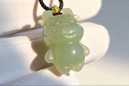 Certified Natural Lake-Green Nephrite Jade Ox Pendant | Small Carved Jade Pendant | 天然湖水绿软玉小牛吊坠
