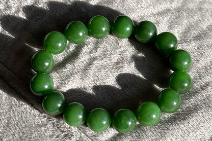 12mm, Certified Natural Untreated Green Nephrite Jade Beads Bracelet, 天然阳绿碧玉手串