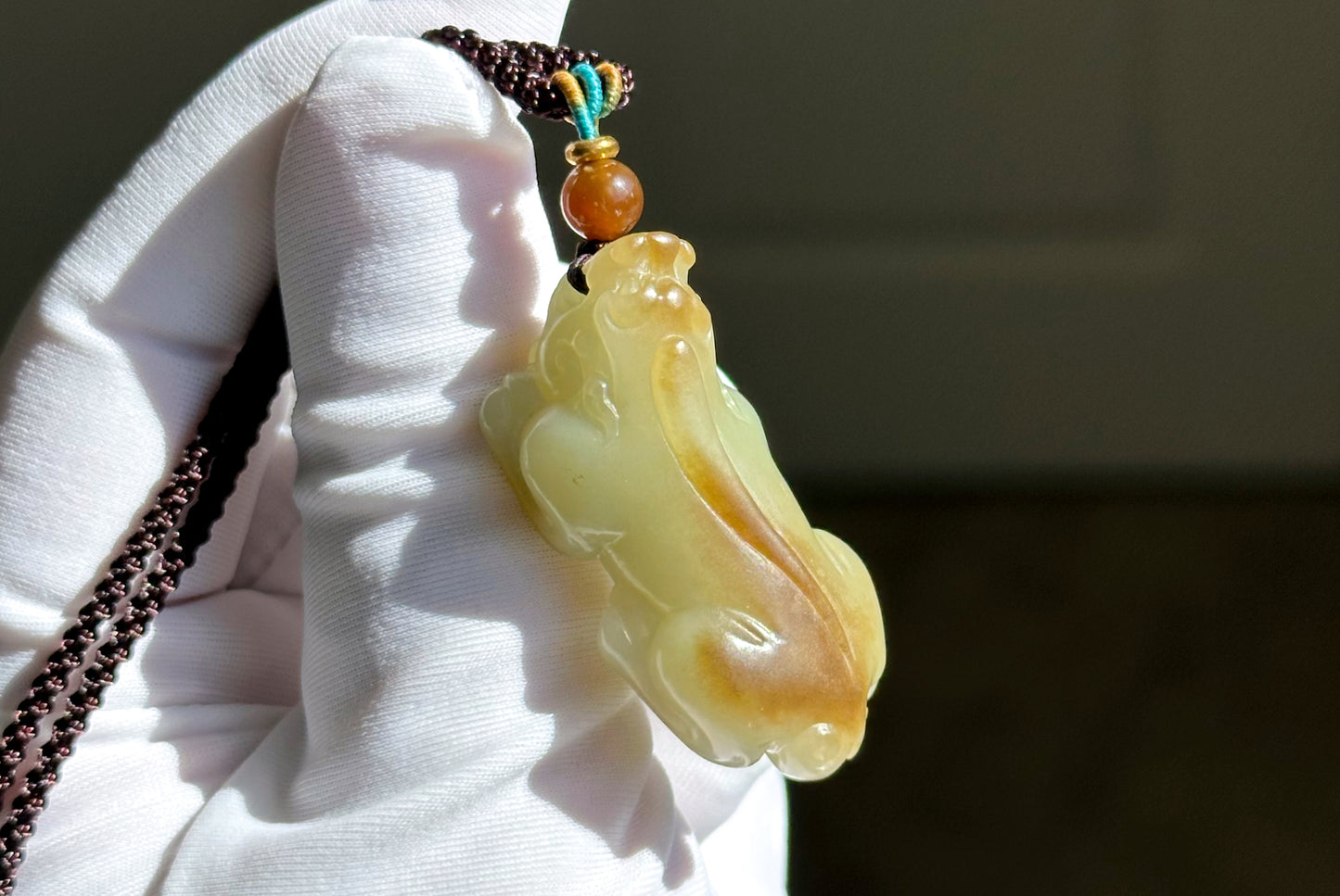 Certified Natural Brown Sugar and Greenish Yellow Nephrite Jade Hand-Carved Pixiu Pendant, 天然青黄口带糖和田玉手工雕刻貔貅吊坠