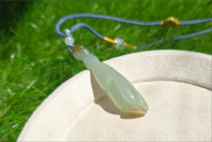 Certified Natural Qiemo Blue and Sugar Nephrite Jade Hand Carved Magnolia Flower Pendant, 天然且末冰蓝带天地糖手工雕刻玉兰花吊坠