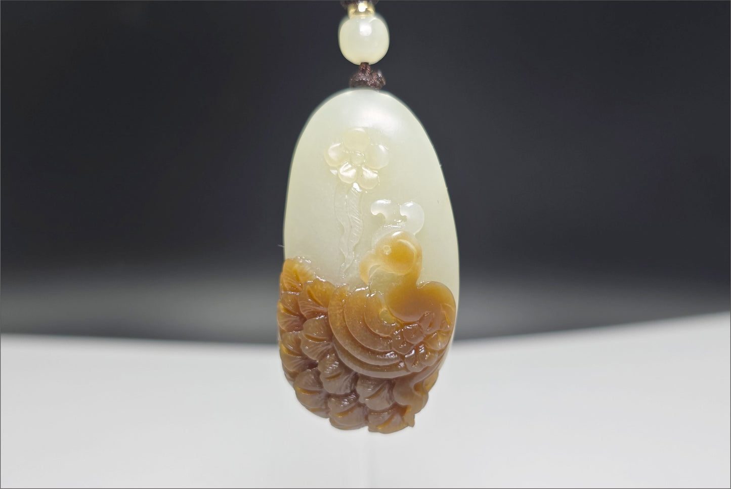 Certified Natural Qiemo Sugar-White Nephrite Jade Hand Carved Peacock Pendant, 天然且末糖白和田玉手工雕刻孔雀吊坠