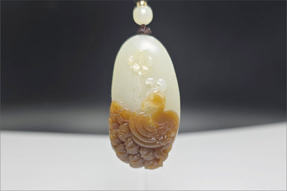 Certified Natural Qiemo Sugar-White Nephrite Jade Hand Carved Peacock Pendant, 天然且末糖白和田玉手工雕刻孔雀吊坠
