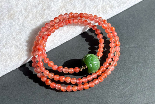 4.5mm+, Natural Szechuan Jiukou Nanhong Agate with Green Nephrite Three Wraps Bracelet , 天然川料冰飘南红配碧玉3圈手串