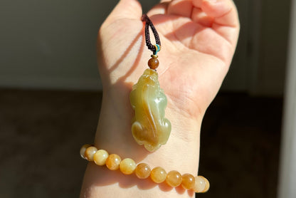 Certified Natural Brown Sugar and Greenish Yellow Nephrite Jade Hand-Carved Pixiu Pendant, 天然青黄口带糖和田玉手工雕刻貔貅吊坠