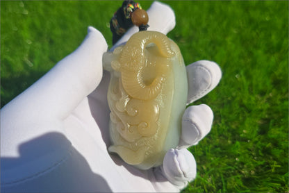 182.58Grams, Certified Natural High-Quality Qiemo Warm White and Yellow Sugar Hand Carvd Nephrite Jade Hand-Carved Buffalo Handheld Piece, 天然且末青白带黄糖和田玉手工雕刻水牛手把件