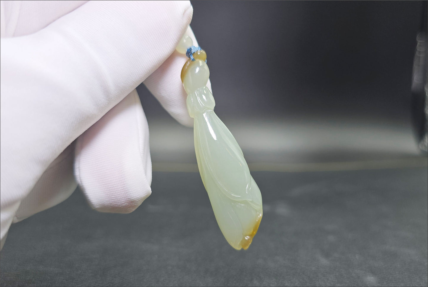 Certified Natural Qiemo Blue and Sugar Nephrite Jade Hand Carved Magnolia Flower Pendant, 天然且末冰蓝带天地糖手工雕刻玉兰花吊坠