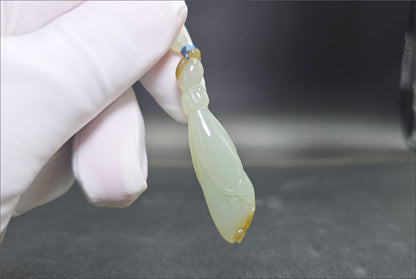 Certified Natural Qiemo Blue and Sugar Nephrite Jade Hand Carved Magnolia Flower Pendant, 天然且末冰蓝带天地糖手工雕刻玉兰花吊坠