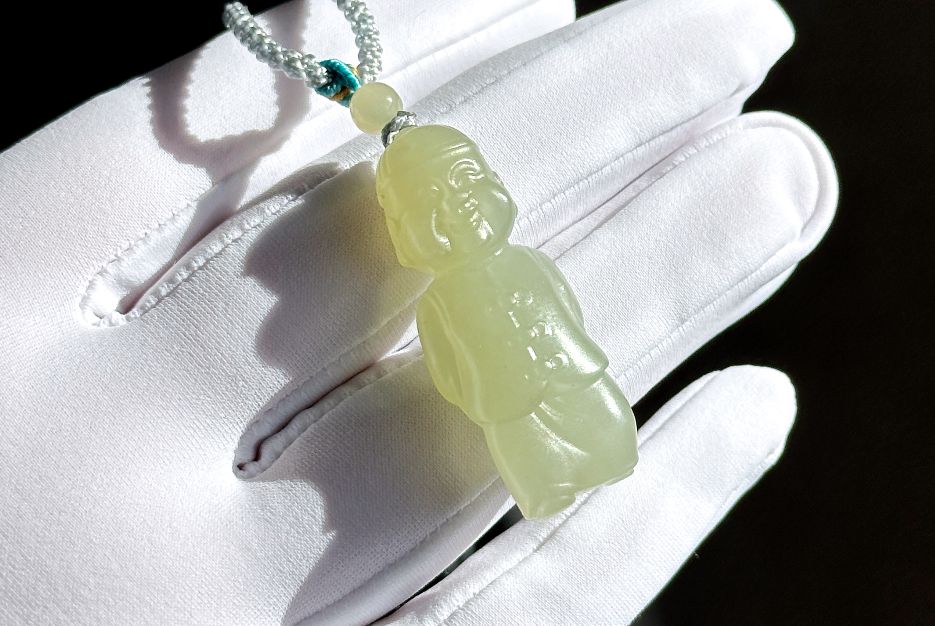 Certified Natural Green qingshui Nephrite Wealth Bringer Pendant, Jade Landlord Pendant, 天然绿晴水软玉小地主吊坠