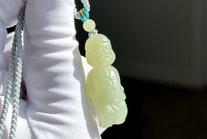Certified Natural Green qingshui Nephrite Wealth Bringer Pendant, Jade Landlord Pendant, 天然绿晴水软玉小地主吊坠