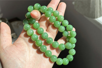 12mm, Certified Natural Powder Green Nephrite Jade Bead Necklace, 天然俄料7号矿色标粉绿项链