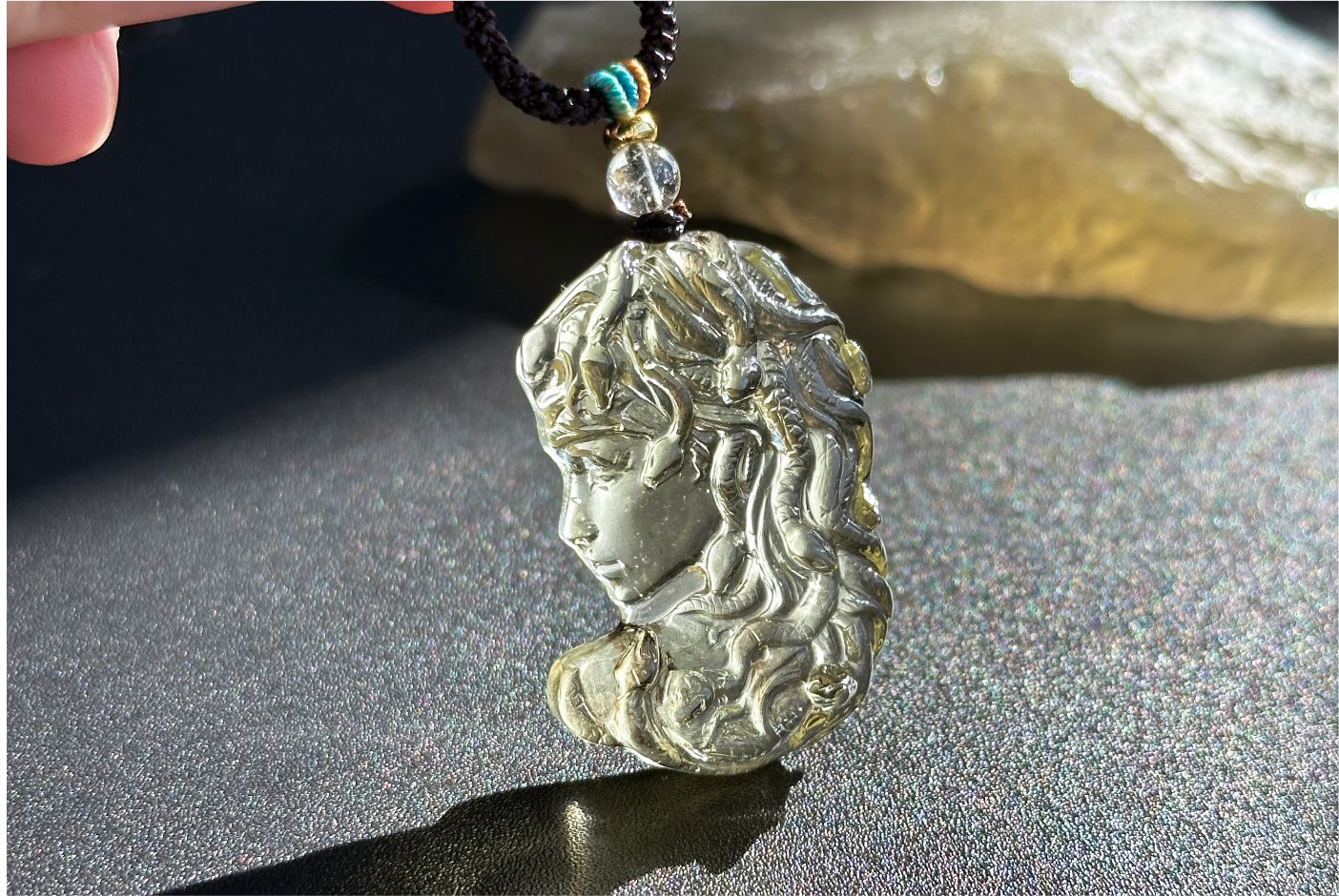 12.648 grams, Natural Top Grade High Clarity Authentic Libyan Desert Glass Tektite Carved Medusa Pendant, 天然透体利比亚陨石雕刻美杜莎吊坠