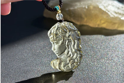 12.648 grams, Natural Top Grade High Clarity Authentic Libyan Desert Glass Tektite Carved Medusa Pendant, 天然透体利比亚陨石雕刻美杜莎吊坠