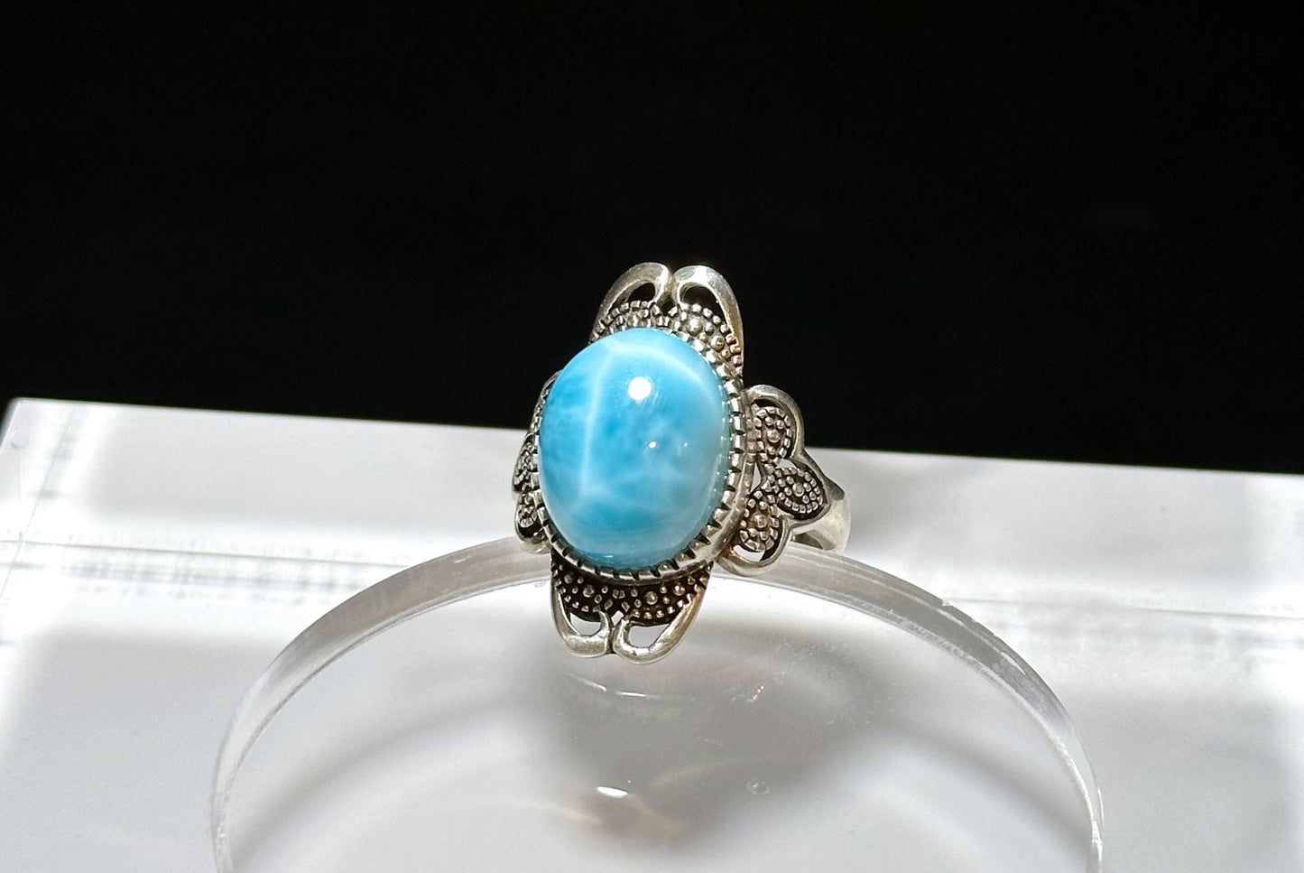 Natural Dominican High Quality Blue Larimar Silver Ring, Natural Larimar Ring, Silver Blue Larimar Ring, 天然高品质海纹石纯银戒指
