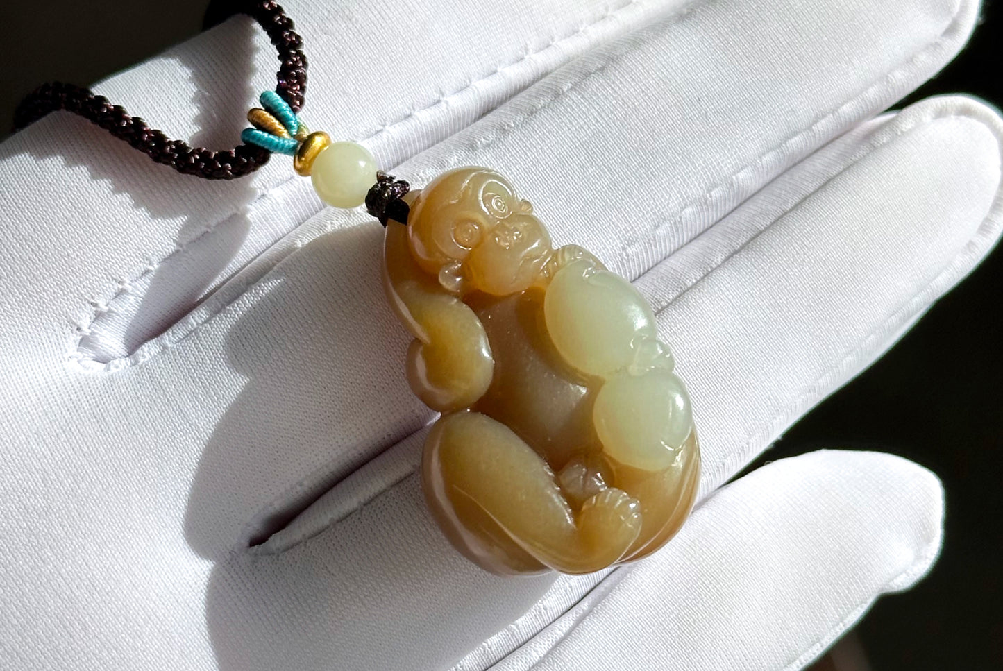 Certified Natural Brown Sugar and White Nephrite Jade Hand-Carved Monkey Pendant