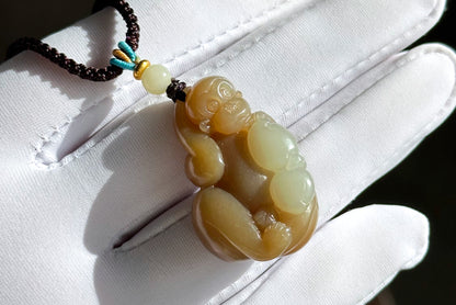 Certified Natural Brown Sugar and White Nephrite Jade Hand-Carved Monkey Pendant