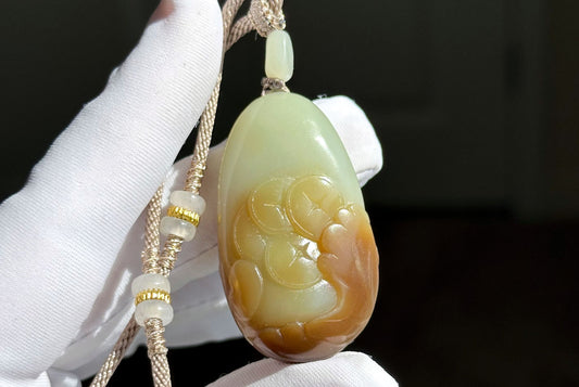 Certified Natural High-Quality Qiemo Sugar-White Nephrite Jade Hand Carved Lotus & Koi Pendant, 天然且末糖白手工雕刻莲花鱼吊坠