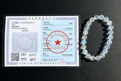 8.6mm, Certified Natural Rainbow Moonstone Bracelet, India Blue Moonstones Bracelet, Rainbow Moonstone Bracelet, 天然正经印度无酸洗蓝月光石手串