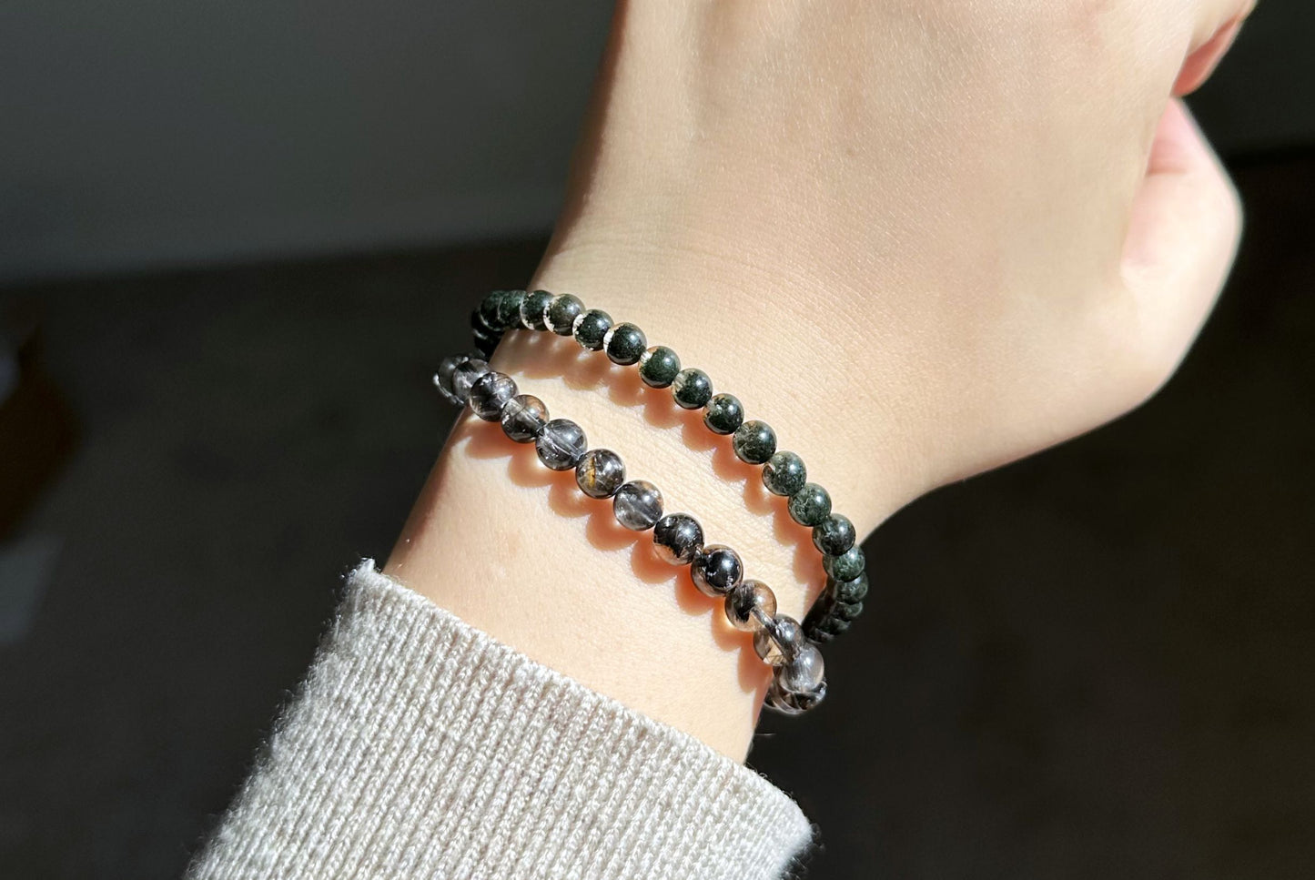 6.5mm+, Certified Rare Natural Top Grade Black Brookite Rutilated quartz Beads Bracelet, Silver Brookite in quartz bracelet, 收藏级黑银钛晶手串