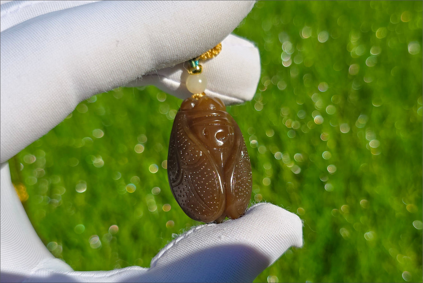 Certified Natural Full Brown Sugar Nephrite Jade Hand-Carved Cicada Pendant, 天然且末糖手工雕刻一鸣惊人(蝉)吊坠