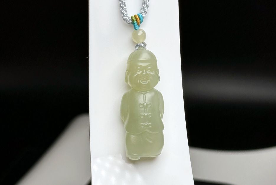 Certified Natural Green qingshui Nephrite Wealth Bringer Pendant, Jade Landlord Pendant, 天然绿晴水软玉小地主吊坠