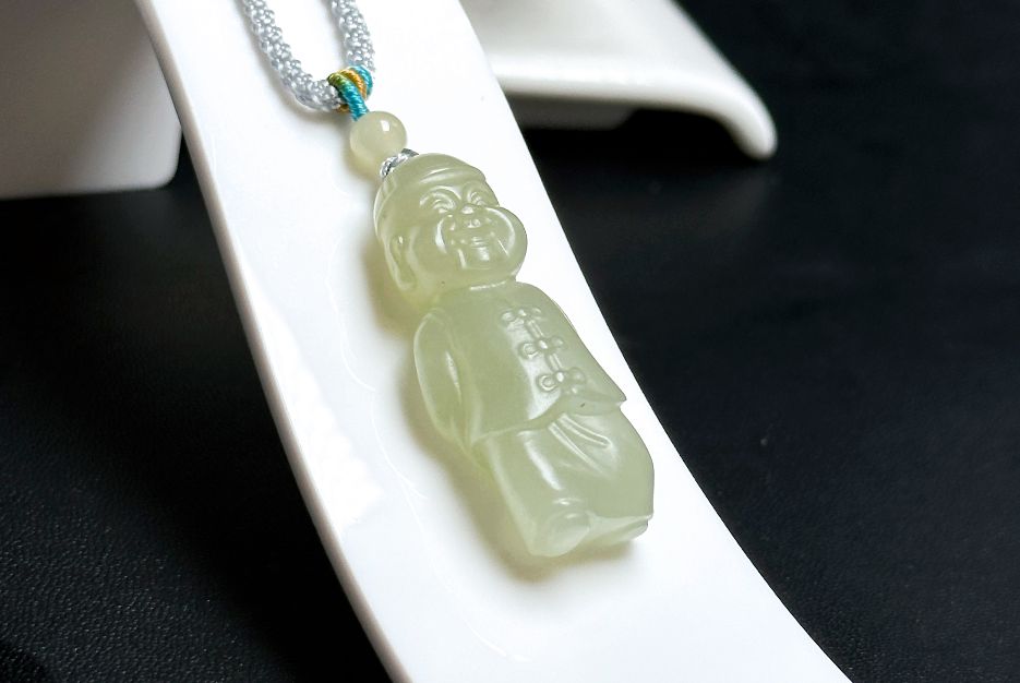 Certified Natural Green qingshui Nephrite Wealth Bringer Pendant, Jade Landlord Pendant, 天然绿晴水软玉小地主吊坠
