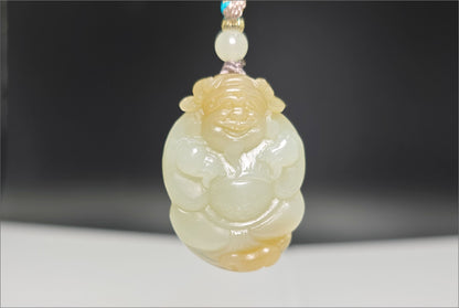 Certified Natural Qiemo Sugar-White Nephrite Jade Hand-Carved Caishen God of Wealth Pendant, 天然且末糖白天地糖手工雕刻财神吊坠