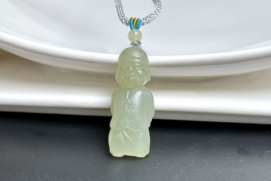 Certified Natural Green qingshui Nephrite Wealth Bringer Pendant, Jade Landlord Pendant, 天然绿晴水软玉小地主吊坠