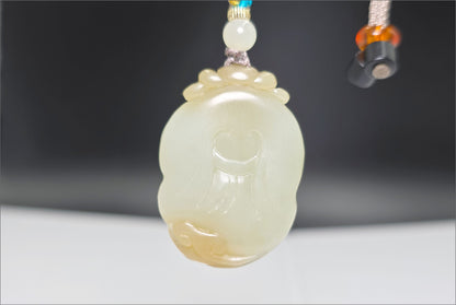 Certified Natural Qiemo Sugar-White Nephrite Jade Hand-Carved Caishen God of Wealth Pendant, 天然且末糖白天地糖手工雕刻财神吊坠