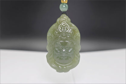 Certified Natural Lake-Green Nephrite Jade Carved Yellow Jambhala Pendant, 天然青海老料湖水绿雕刻黄财神头吊坠