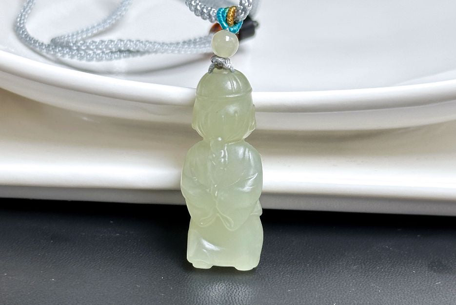 Certified Natural Green qingshui Nephrite Wealth Bringer Pendant, Jade Landlord Pendant, 天然绿晴水软玉小地主吊坠