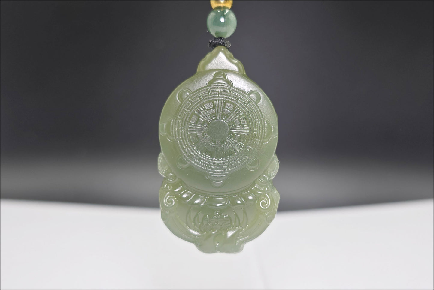 Certified Natural Lake-Green Nephrite Jade Carved Yellow Jambhala Pendant, 天然青海老料湖水绿雕刻黄财神头吊坠