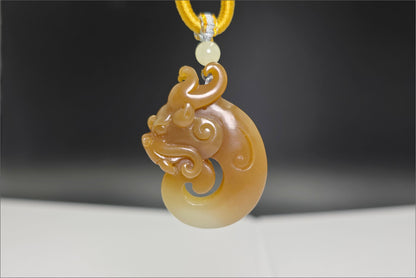 Certified Natural Qiemo Sugar and Warm White Nephrite Jade Hand Carved Antique Dragon Pendant, 天然且末糖白和田玉手工雕刻仿古龙精品吊坠