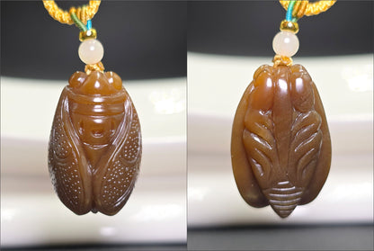 Certified Natural Full Brown Sugar Nephrite Jade Hand-Carved Cicada Pendant, 天然且末糖手工雕刻一鸣惊人(蝉)吊坠