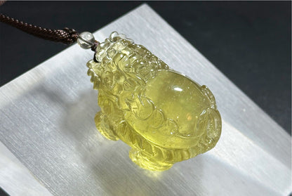 50.154 grams, Collector's Grade, Natural Authentic Libyan Desert Glass Tektite Hand Carved Dragon Turtle Pendant | High-Grade Tektite | Protective Amulet, 天然收藏级浓金利比亚陨石手工雕刻龙龟吊坠