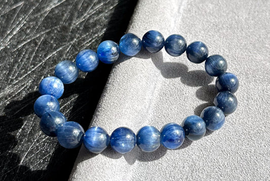 9.5mm+, Certified Undyed Top Grade Blue Kyanite Bracelet, Kyanite Bracelet, Full chatoyant Blue Kyanite, 天然无烤无染猫眼蓝晶石